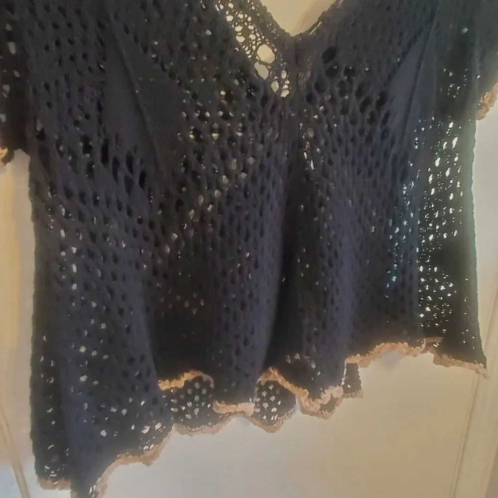 Free People Open Knit Crochet Flowy Top Black Size S Boho Fairy Grunge Cottage